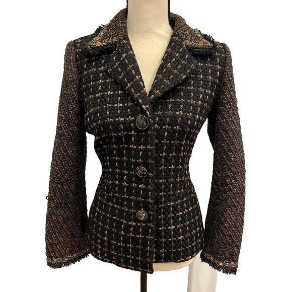 Chicos Brown Black Tweed Jacket with Beaded Trim Detail Metallic Thread Size 0 - Picture 2 of 4